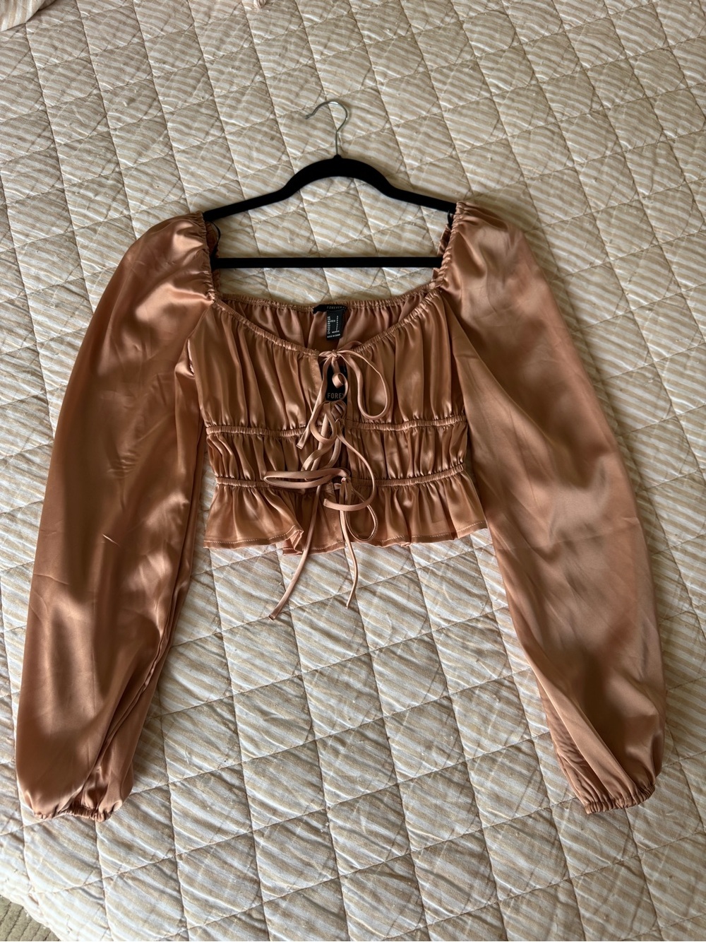 Forever 21 Satin Rust Crop Top with Puff Sleeves
